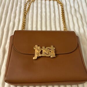 Just Cavalli Tan and Gold Shoulder Bag with Logo Hardware